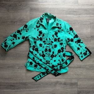 Vintage Silk Land Teal Kelly Green Blazer w/ Embroidered Black Flowers Size S